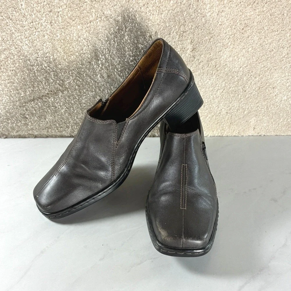Josef Seibel Brown Leather Loafers - 39 - Square Toe Side Zip Block Heel Comfort